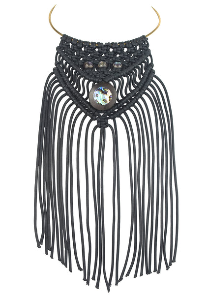 vlmjewelry.com | Macrame Fringe Necklace | Ebony Abalone Inlay | Handmade in Los Angeles