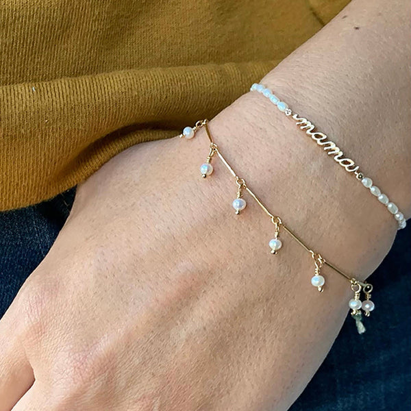 IONA | FRESHWATER | SEED | PEARL | FRINGE | BRACELET| WITH | DAINTY | GOLD | FILLED | BAR | CHAIN | ON MODEL
