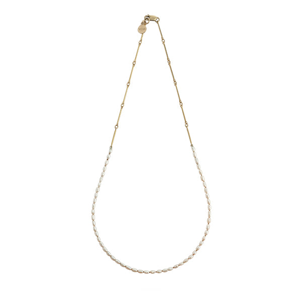 FRESHWATER | RICE | PEARL | NECKLACE | WITH | DAINTY | GOLD | FILLED | BAR | CHAIN | AND LOBSTER CLASP