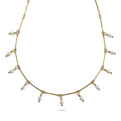 FRESHWATER | SEED | PEARL | FRINGE |NECKLACE | WITH | DAINTY | GOLD | FILLED | BAR | CHAIN