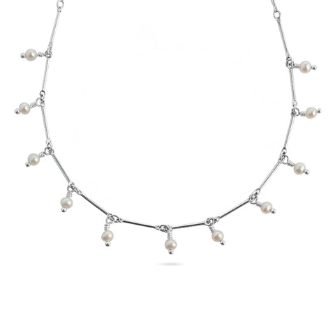 FRESHWATER | SEED | PEARL | FRINGE |NECKLACE | WITH | DAINTY | STERLING | SILVER | BAR | CHAIN